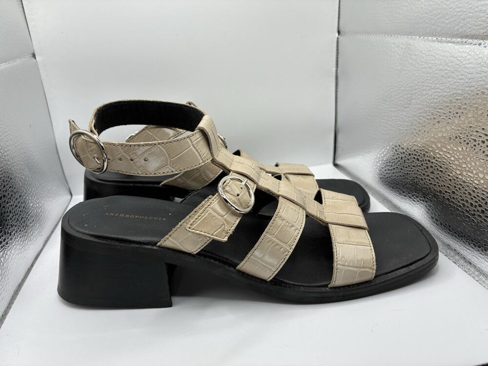 Anthropologie EU 38 W7.5 Cream Croc Leather Gladiator Sandals Block Heel Buckle